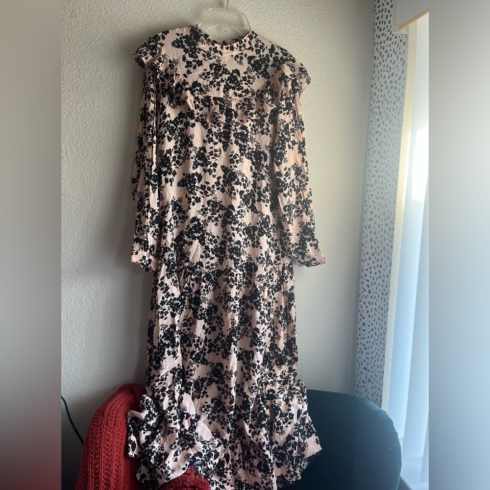 Topshop Pink Floral Print Long Sleeve Ruffle Detail Prairie Dress